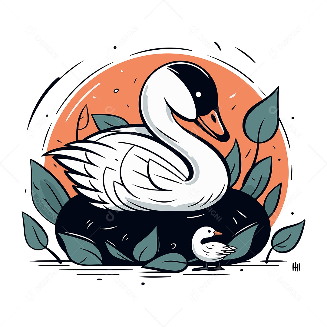 Cisne com um Patinho Ilustração Vetor EPS