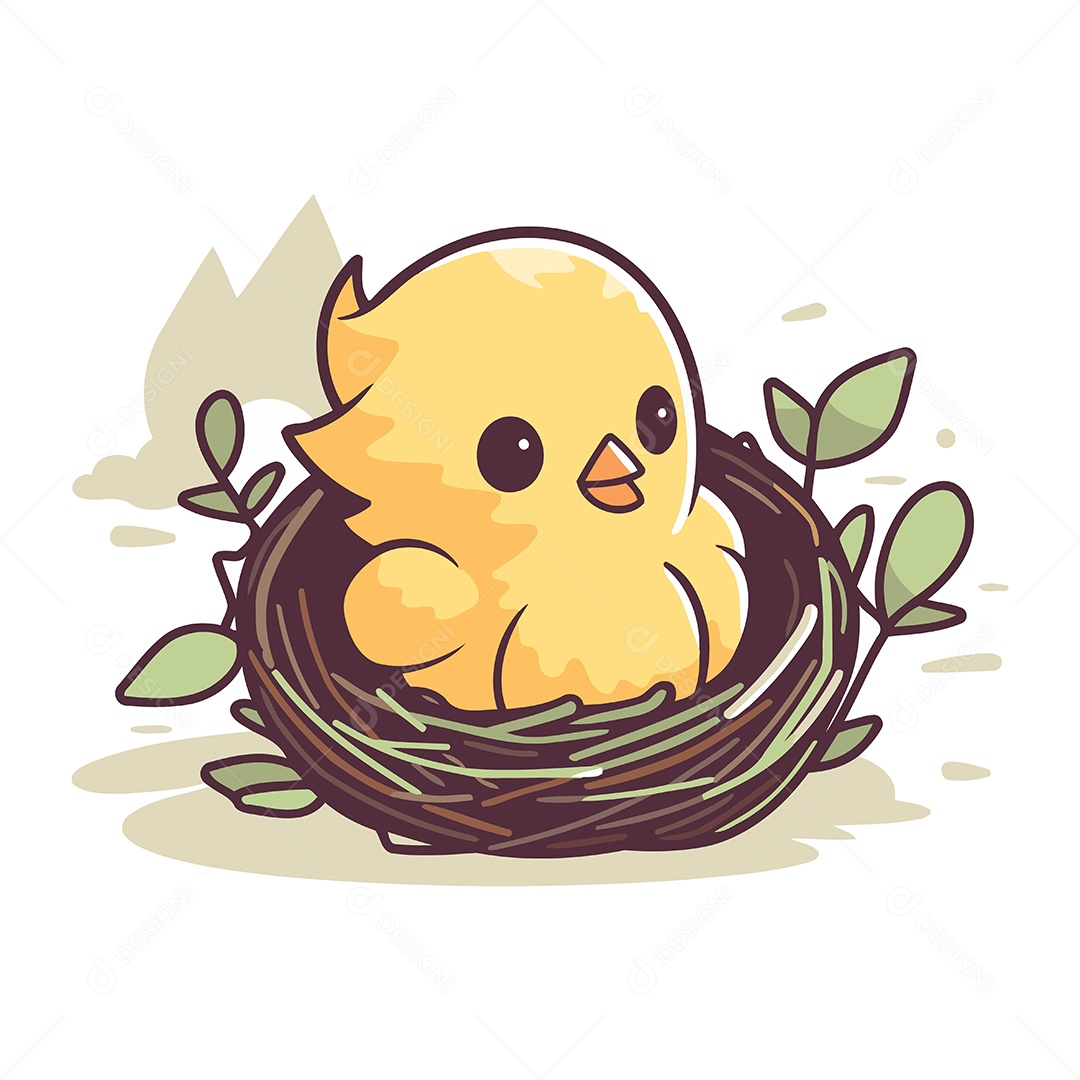 Pintinho Fofo no Ninho de Desenho Animado Ilustração Vetor EPS