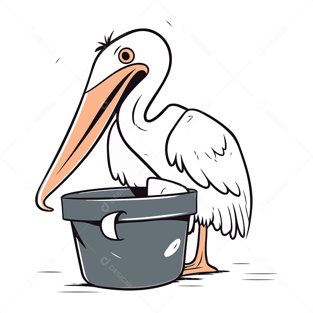 Pelicano de Desenho Animado com um Balde Ilustração Vetor EPS