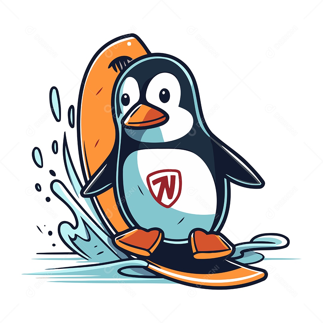 Pinguim com Prancha de Surfe Ilustração Vetor EPS