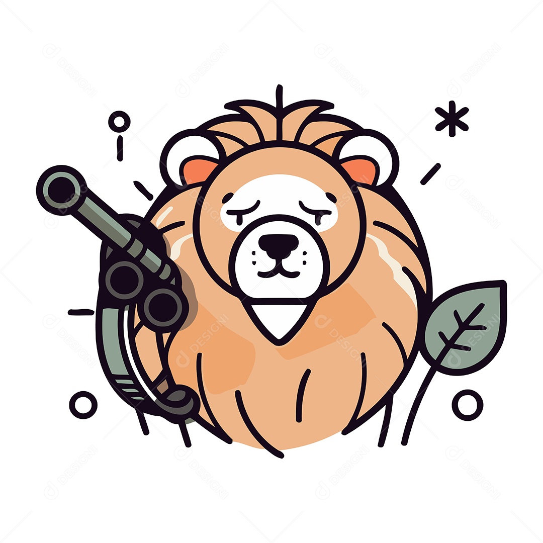 Leão Fofo de Desenho Animado com Arma Ilustração Vetor EPS