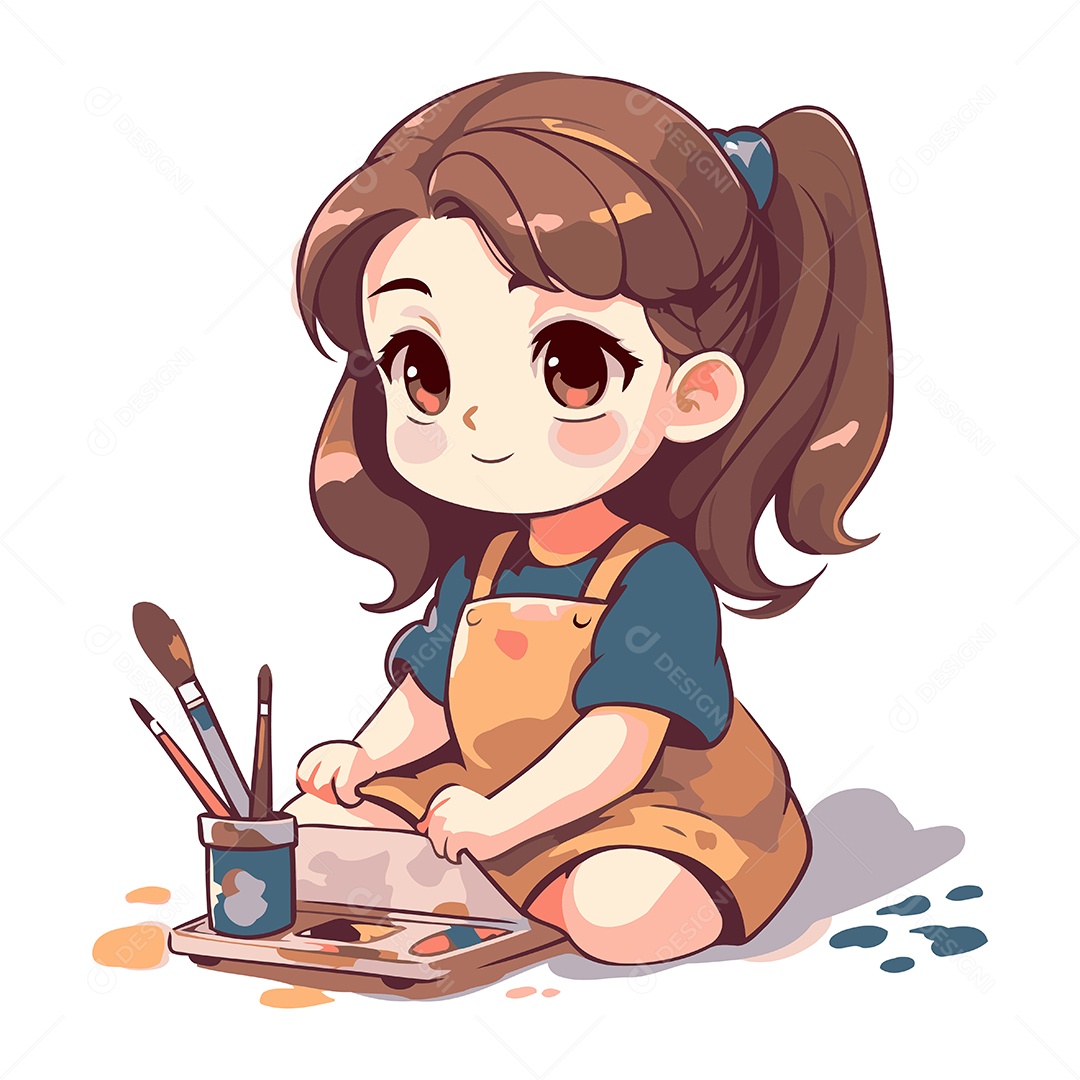 Menina Bonitinha Pintando com Pincel e Paleta Ilustração Vetor EPS