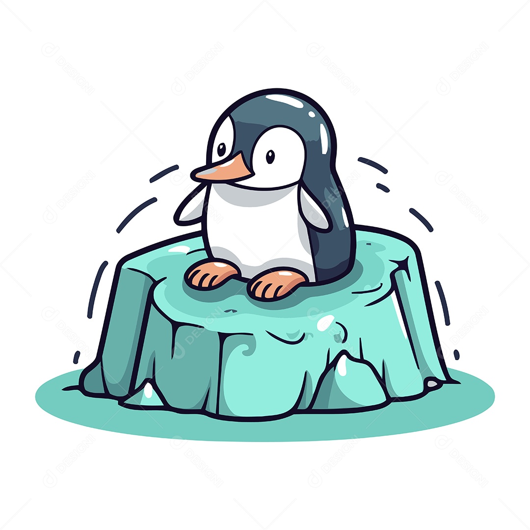 Pinguim Fofo Sentado em um Cubo de Gelo Ilustração Vetor EPS