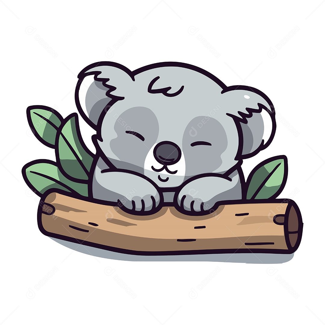 Coala Fofo Dormindo em um Tronco com Folhas Ilustração Vetor EPS