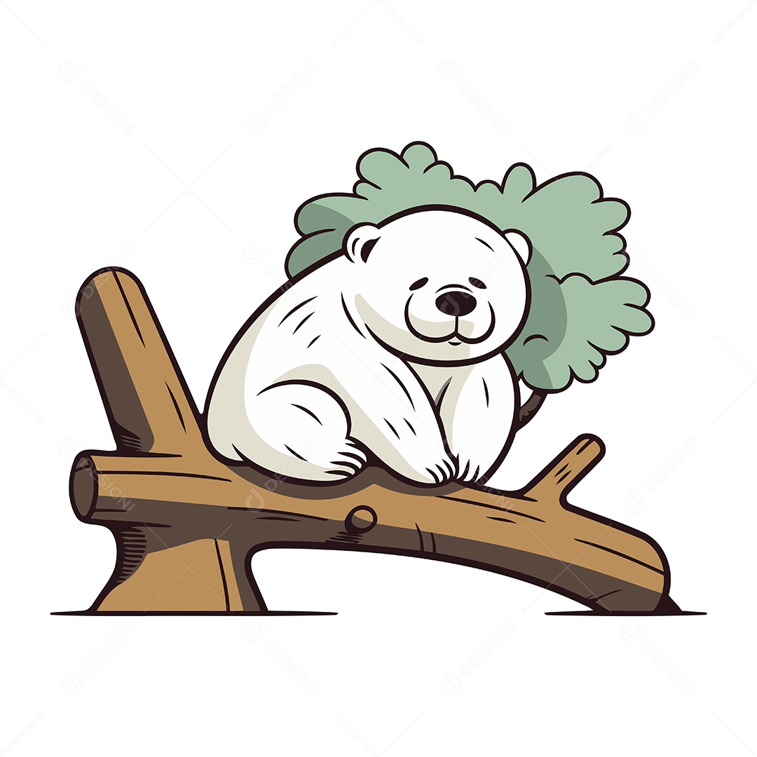 Urso Polar Fofo Sentado em um Galho de Árvore Ilustração Vetor EPS