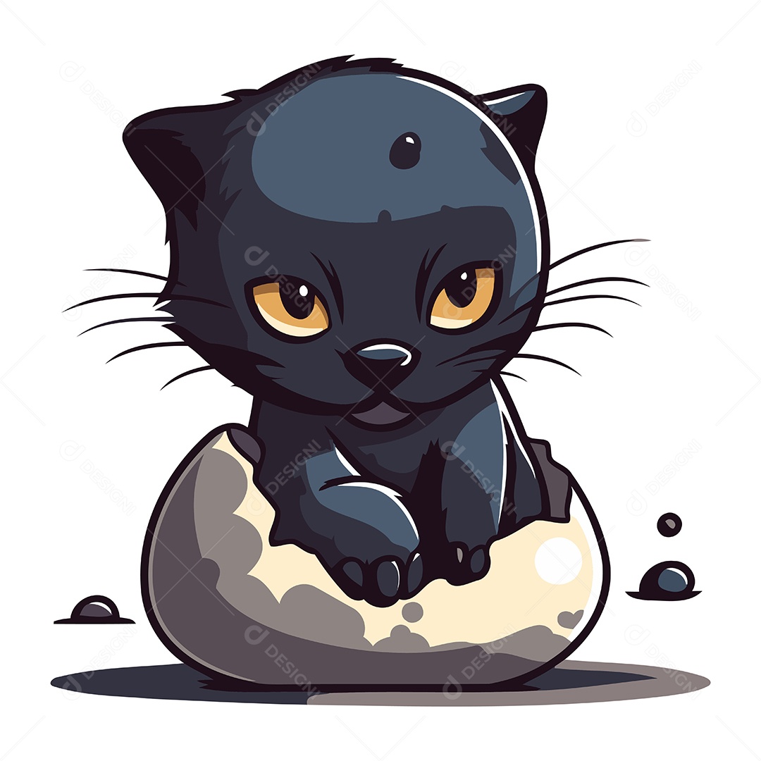 Gato Preto Fofo Sentado em um Ovo Ilustração Vetor EPS