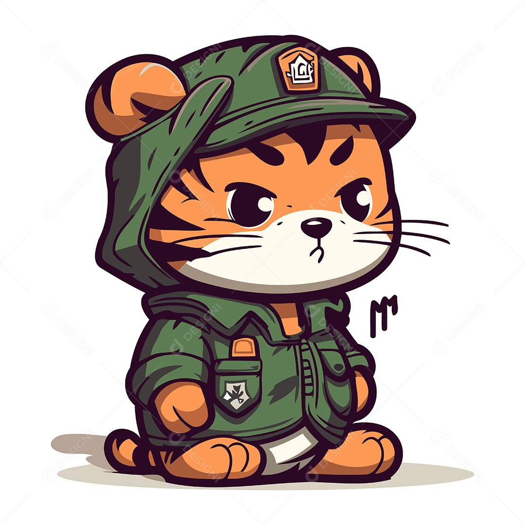 Tigre de Desenho Animado em Uniforme Militar Ilustração Vetor EPS