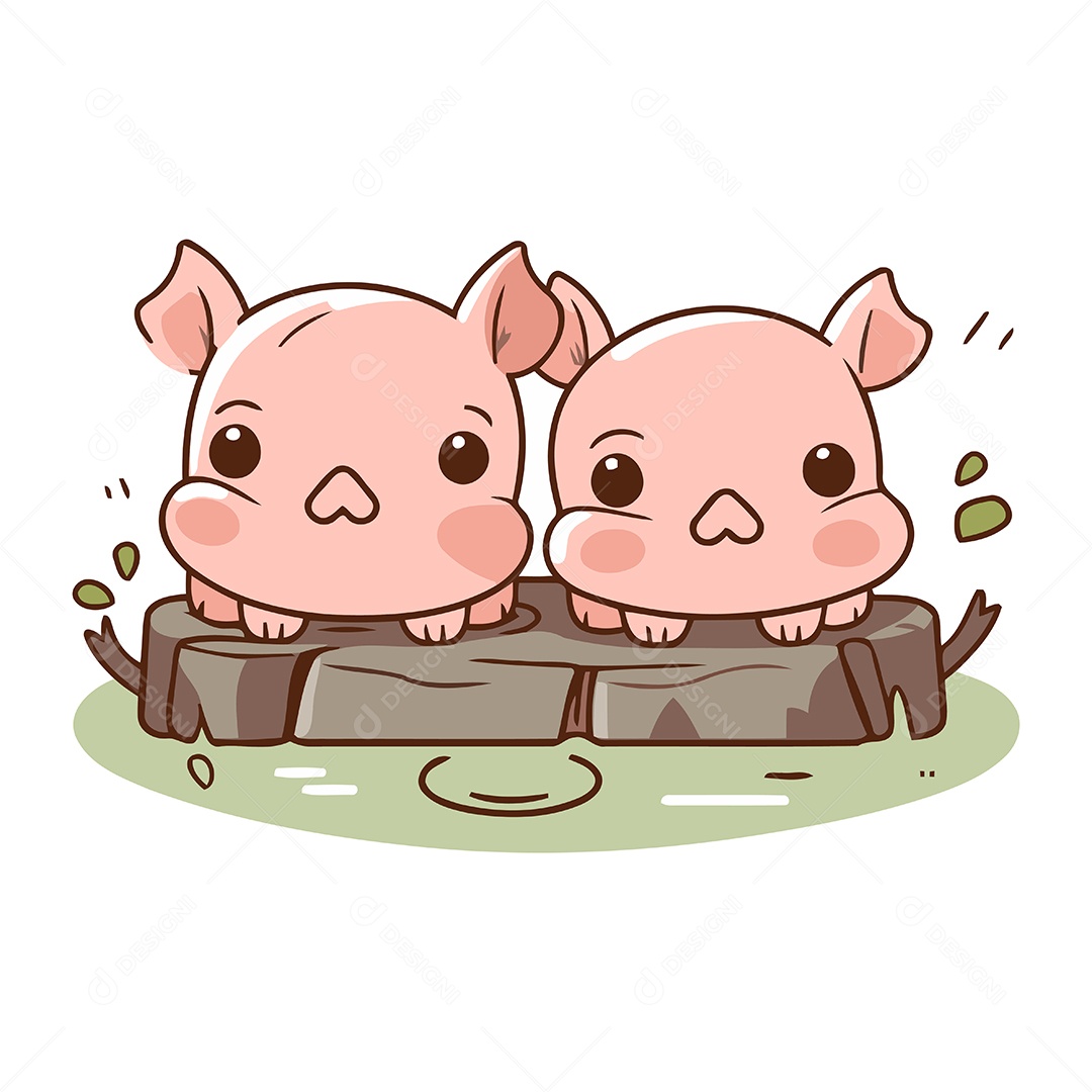 Porquinhos Fofo de Desenho Animado na Rocha Ilustração Vetor EPS