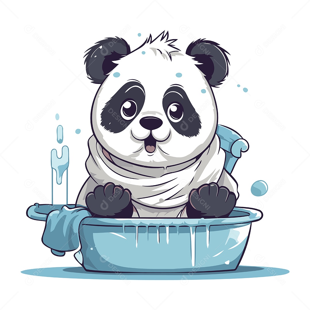 Panda Fofo Tomando Banho na Banheira Ilustração Vetor EPS
