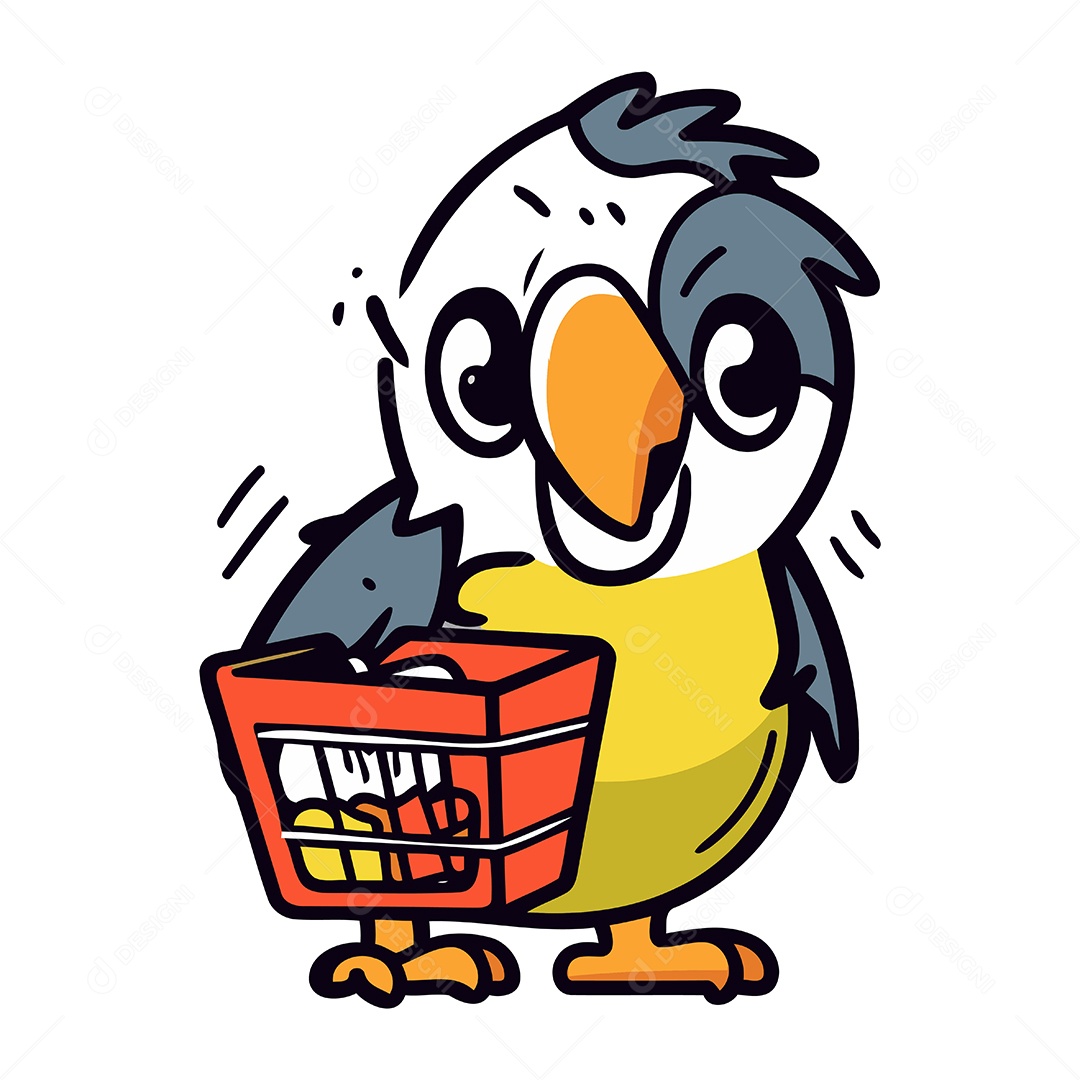 Papagaio de Desenho Animado com Cesta de Compras Ilustração Vetor EPS