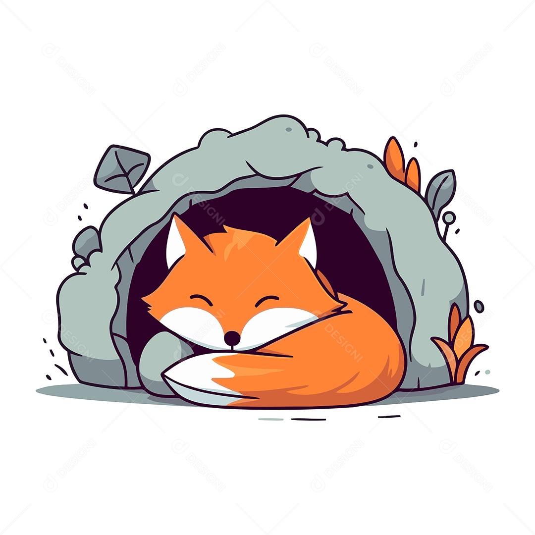 Raposa Fofa de Desenho Animado em uma caverna Ilustração Vetor EPS