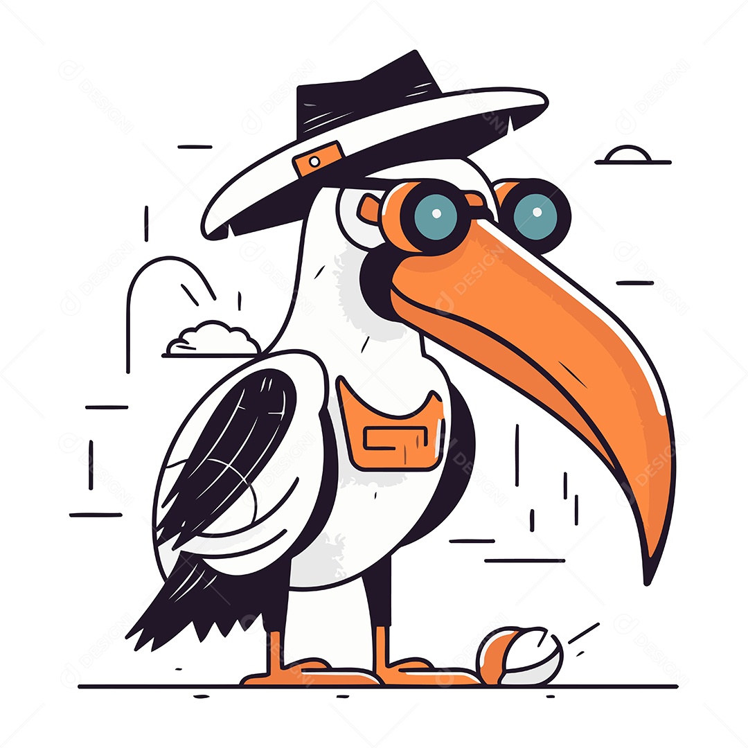 Pelicano de Chapéu e Óculos Desenho Animado Ilustração Vetor EPS