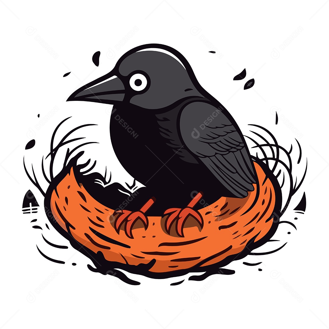 Corvo no Ninho de Desenho Animado Ilustração Vetor EPS