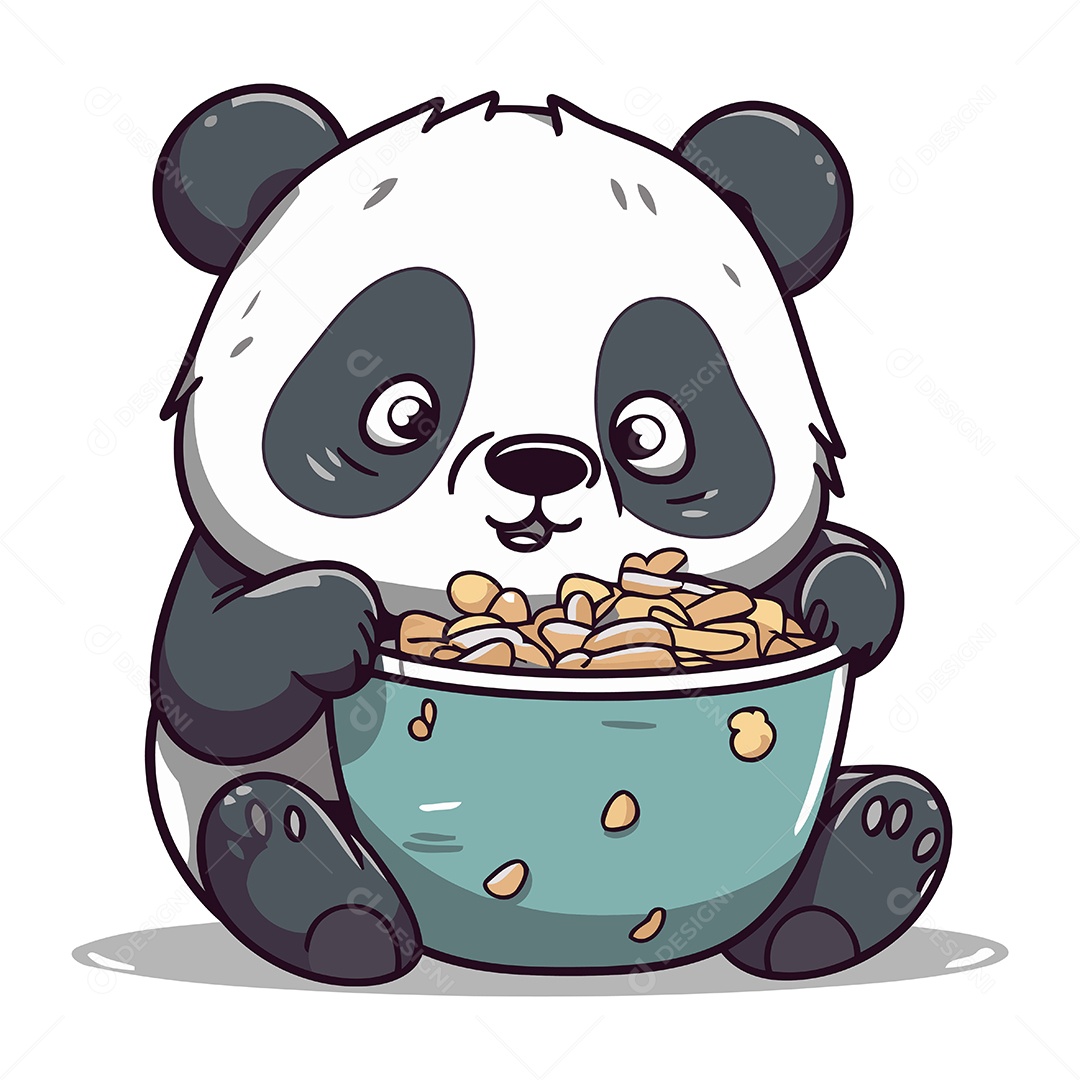 Panda Fofo Comendo em uma Tigela Ilustração Vetor EPS