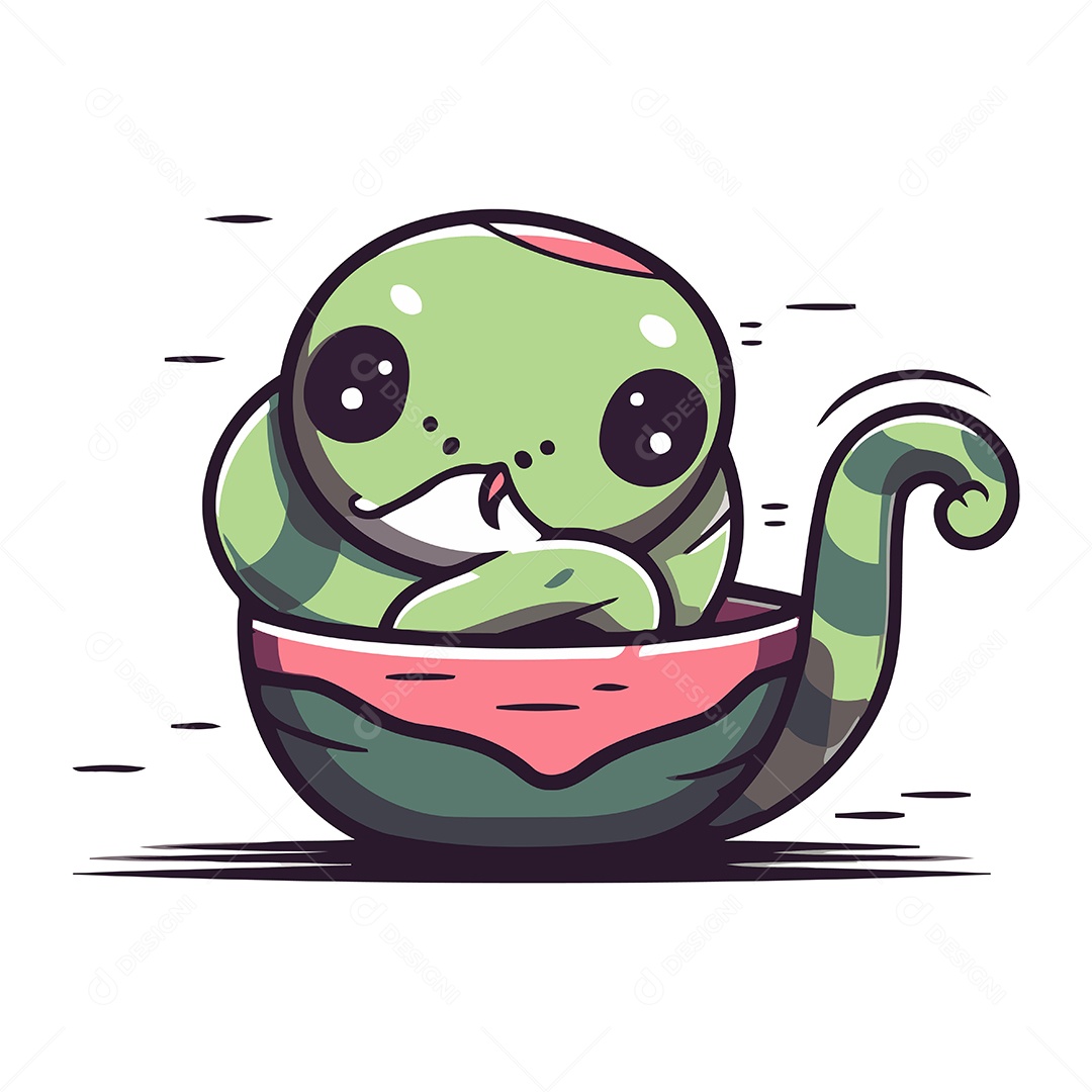 Cobra Verde Fofa de Desenho Animado em uma Tigela Ilustração Vetor EPS