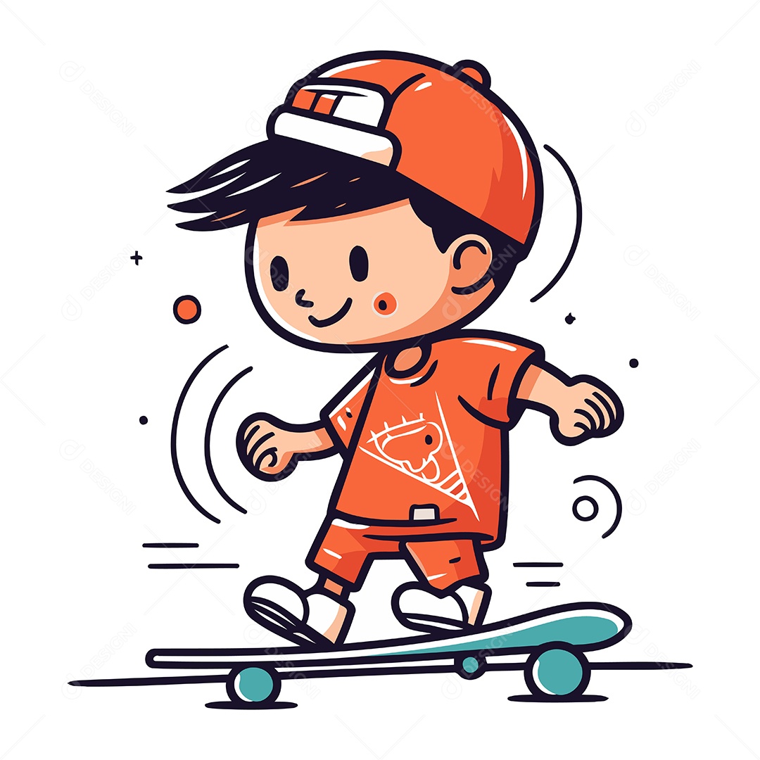 Garotinho Fofo Andando de Skate Ilustração Vetor EPS