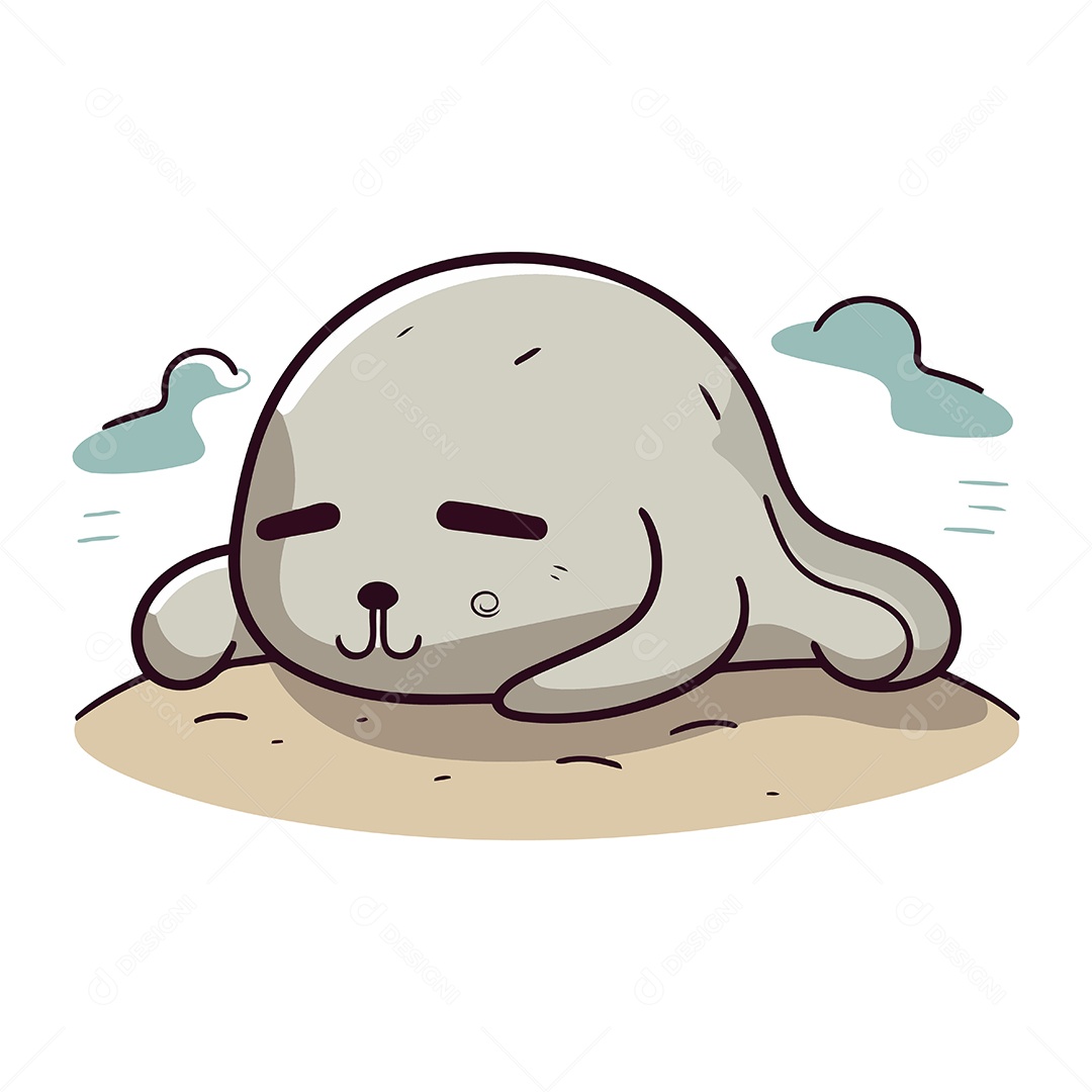 Foca Fofa Dormindo na Areia de Desenho Animado Ilustração Vetor EPS