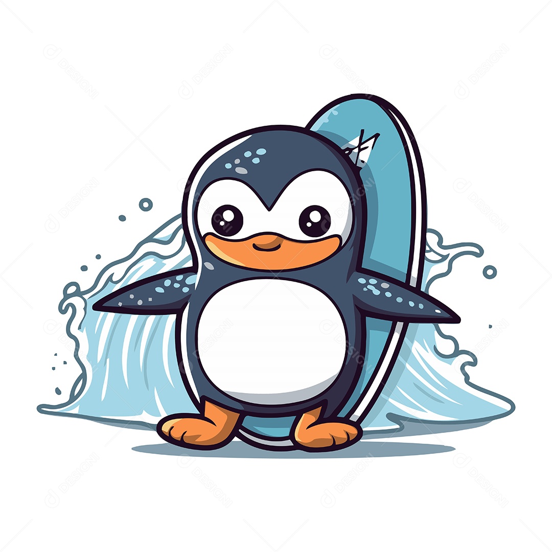 Pinguim Fofo com Prancha de Surfe Ilustração Vetor EPS