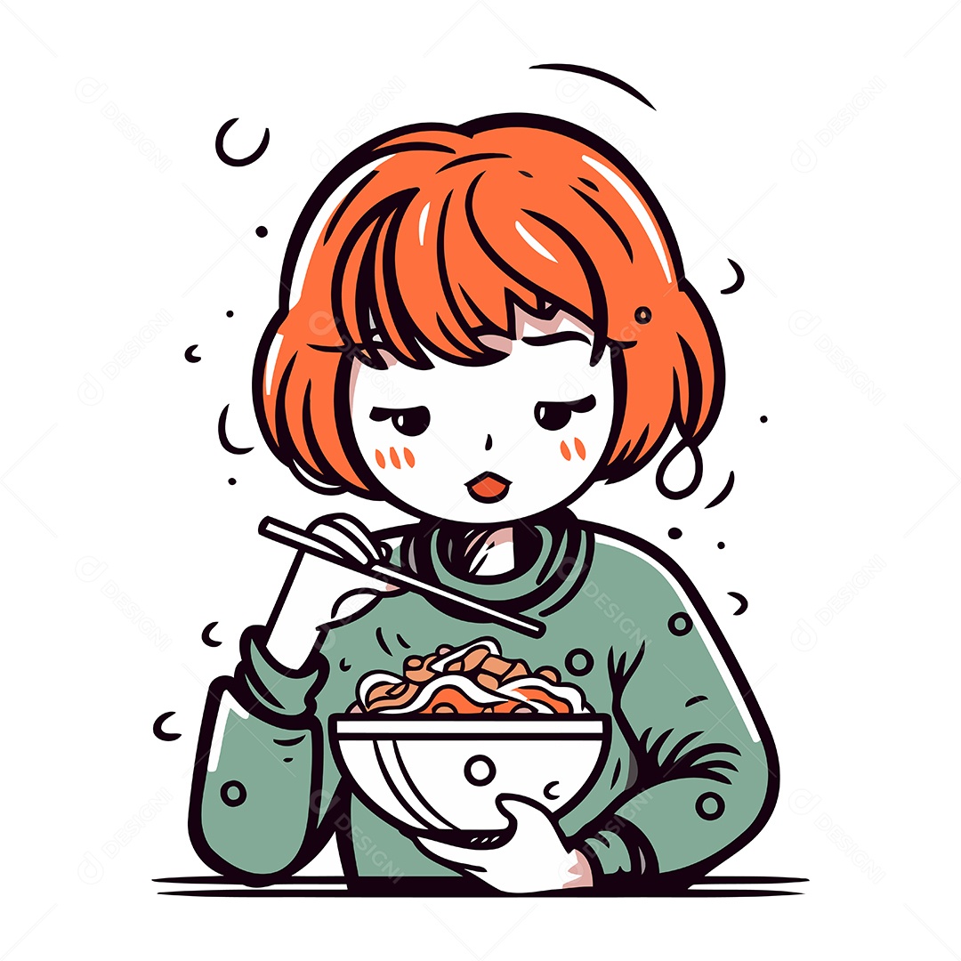 Menina Comendo uma Tigela de Macarrão Ilustração Vetor EPS