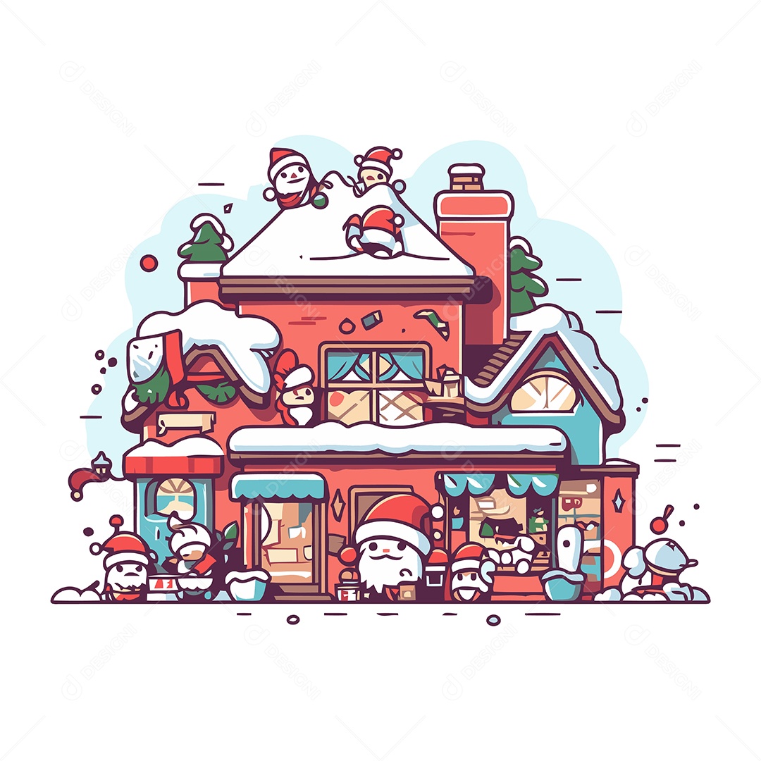 Casa de Natal com Papais Noel Desenho Animado Ilustração Vetor EPS