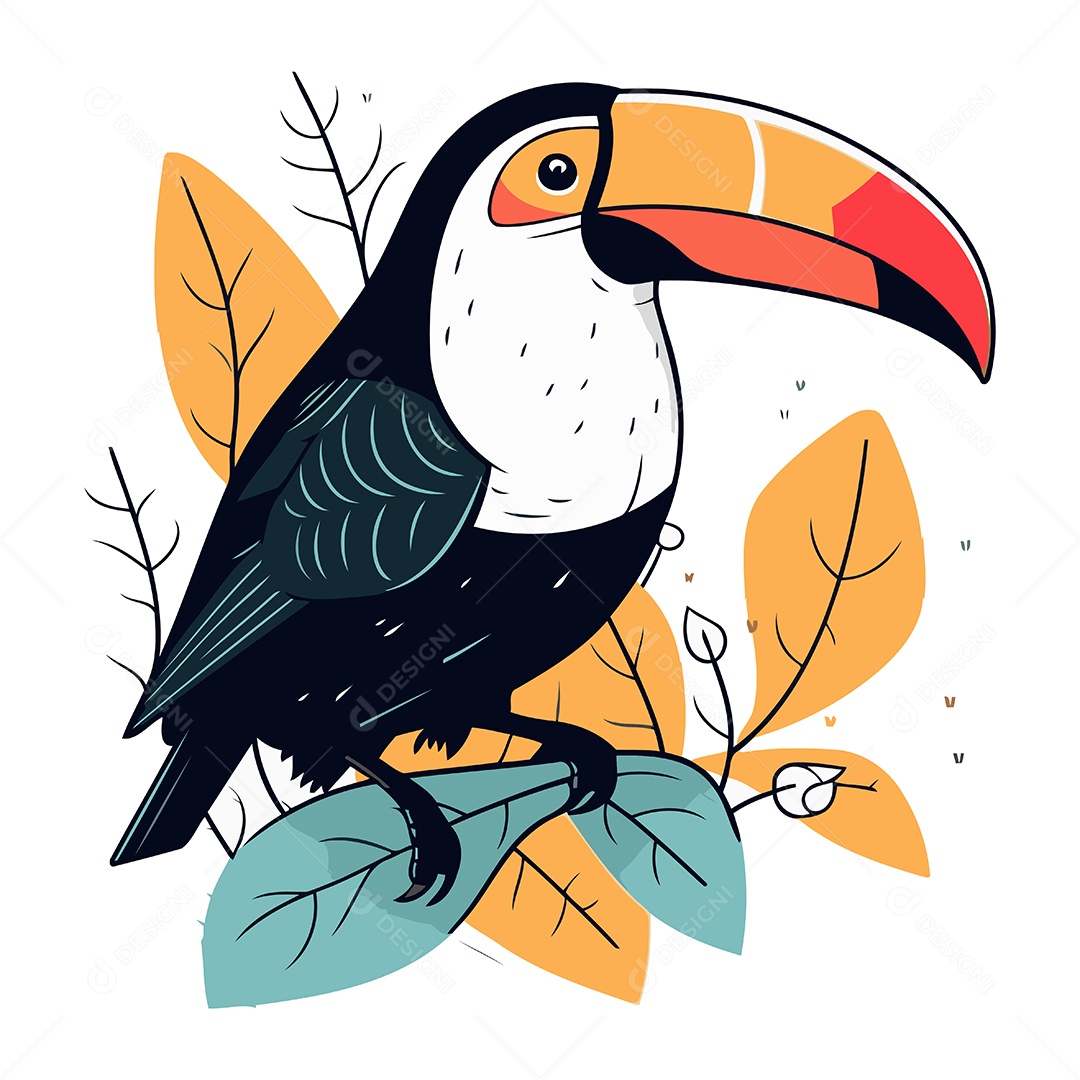 Tucano Sentado em um Galho com Folhas Ilustração Vetor EPS