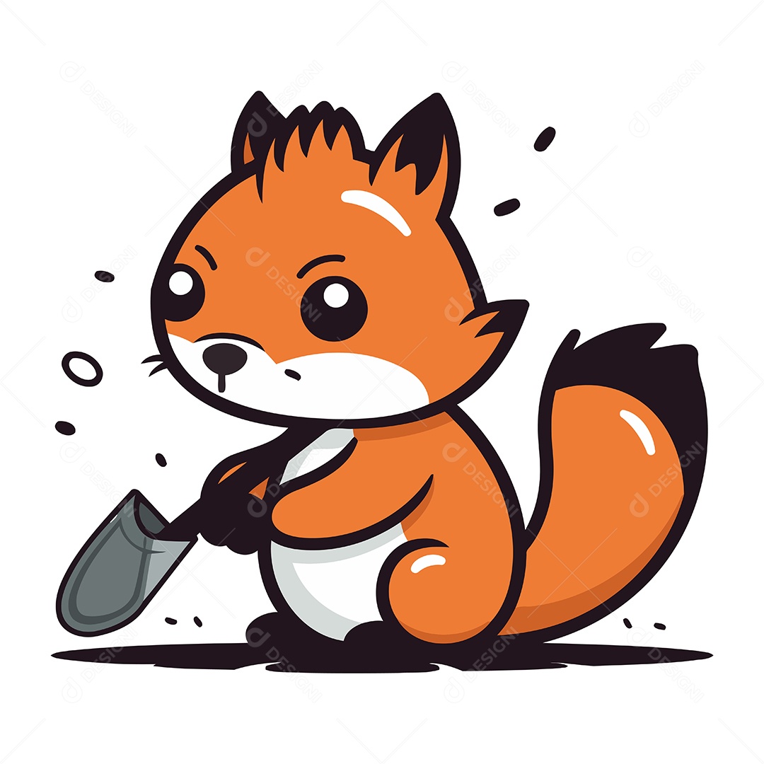 Raposa Fofa de Desenho Animado com Pá Ilustração Vetor EPS