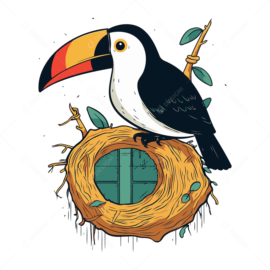 Tucano no Ninho de Desenho Animado Ilustração Vetor EPS