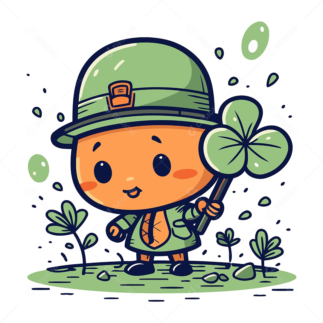 Duende Fofo de Desenho Animado Segurando um Trevo Ilustração Vetor EPS