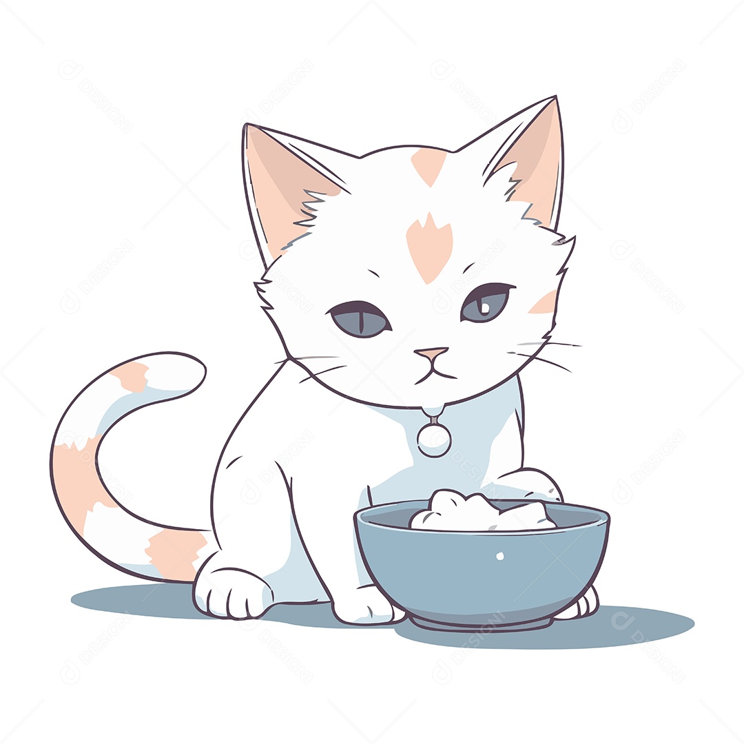 Gato Fofo e Tigela de Desenho Animado Ilustração Vetor EPS