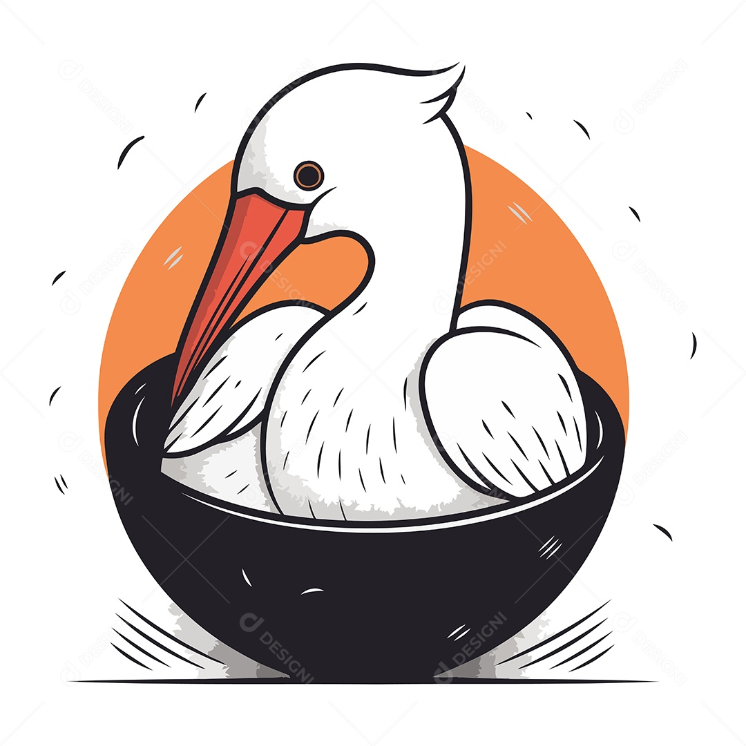 Pelicano de Desenho Animado em uma Tigela Ilustração Vetor EPS