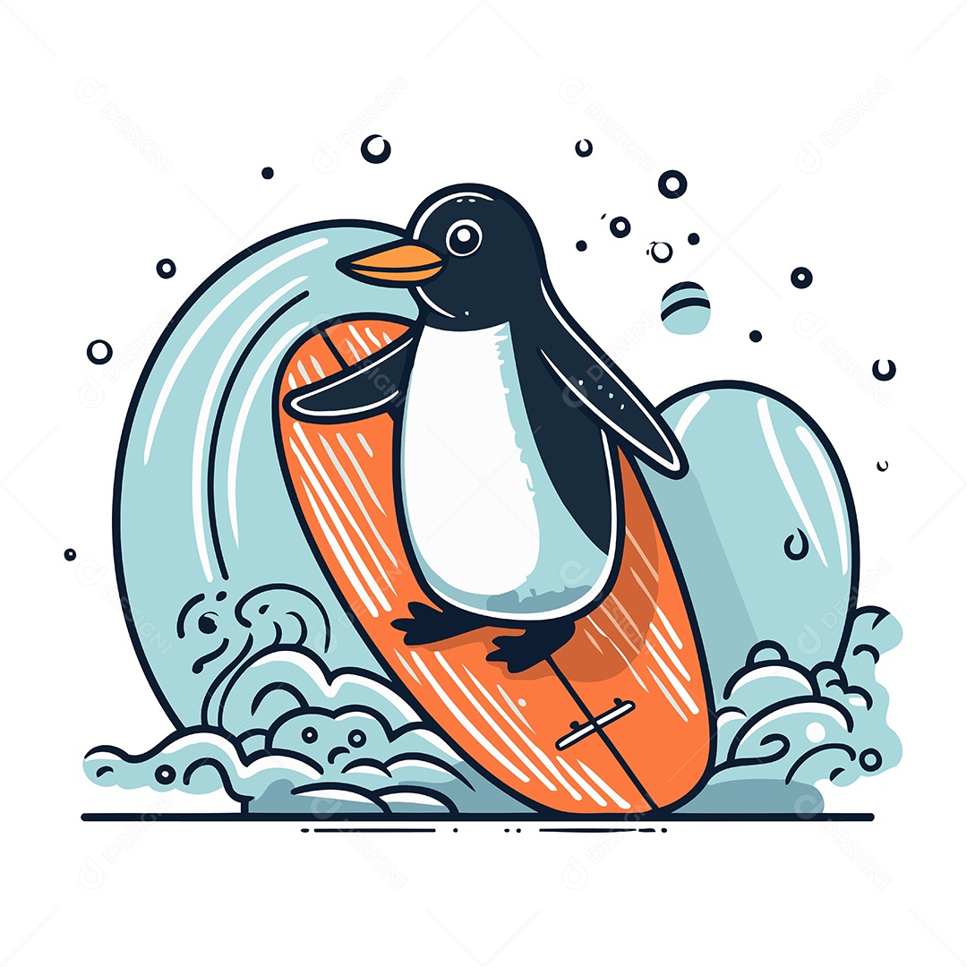 Pinguim Fofo com Prancha de Surfe Ilustração Vetor EPS