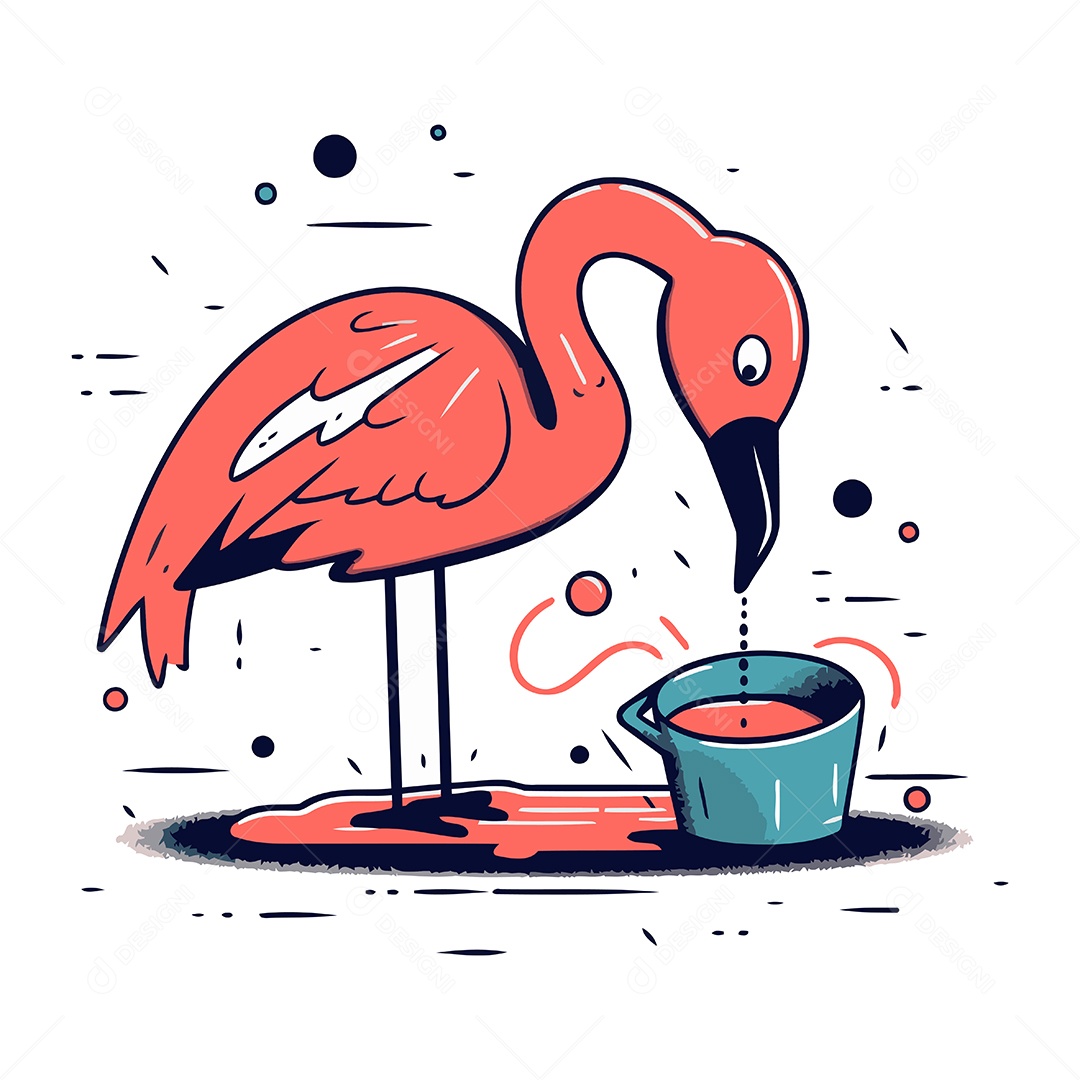 Flamingo de Desenho Animado com um Balde Ilustração Vetor EPS