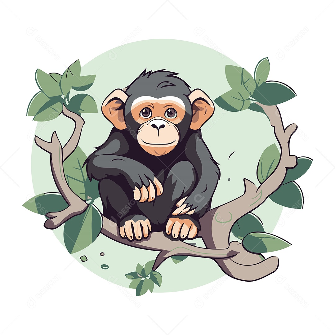 Macaco Chimpanzé Sentado em um Galho Ilustração Vetor EPS