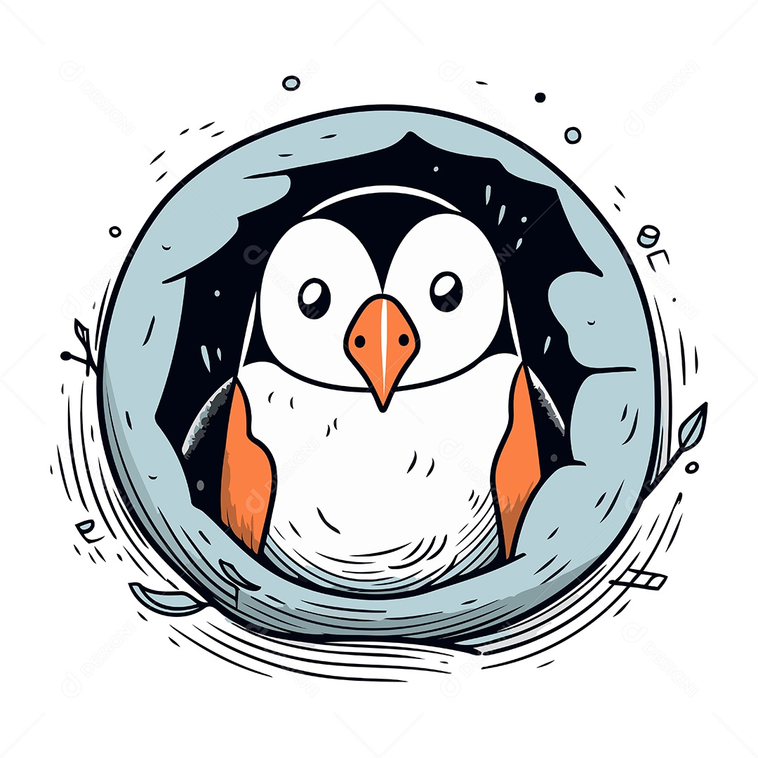 Pinguim Fofo no Buraco de Desenho Animado Ilustração Vetor EPS