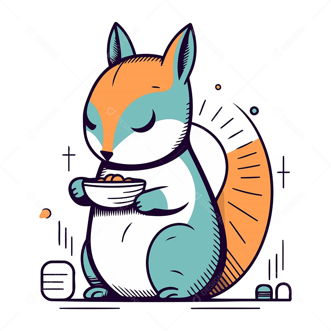 Esquilo Fofo de Desenho Animado com uma Tigela Ilustração Vetor EPS