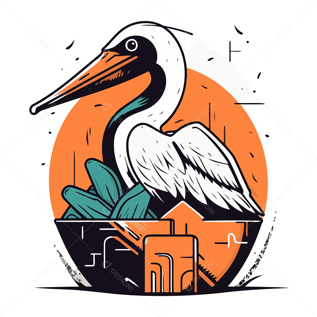 Pelicano de Desenho Animado em uma Panela Ilustração Vetor EPS