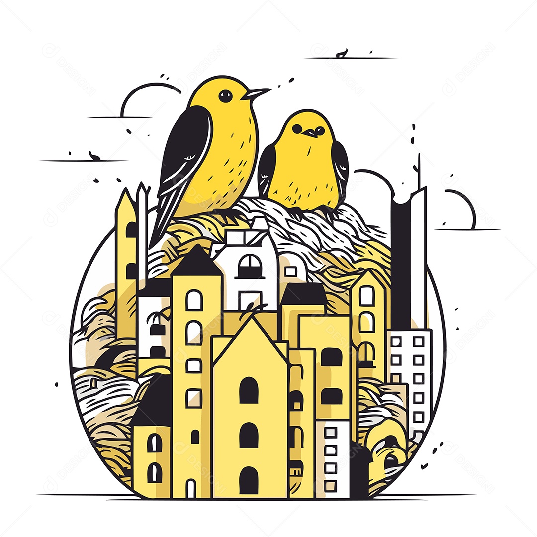 Paisagem Urbana com Pássaros e Prédios Ilustração Vetor EPS
