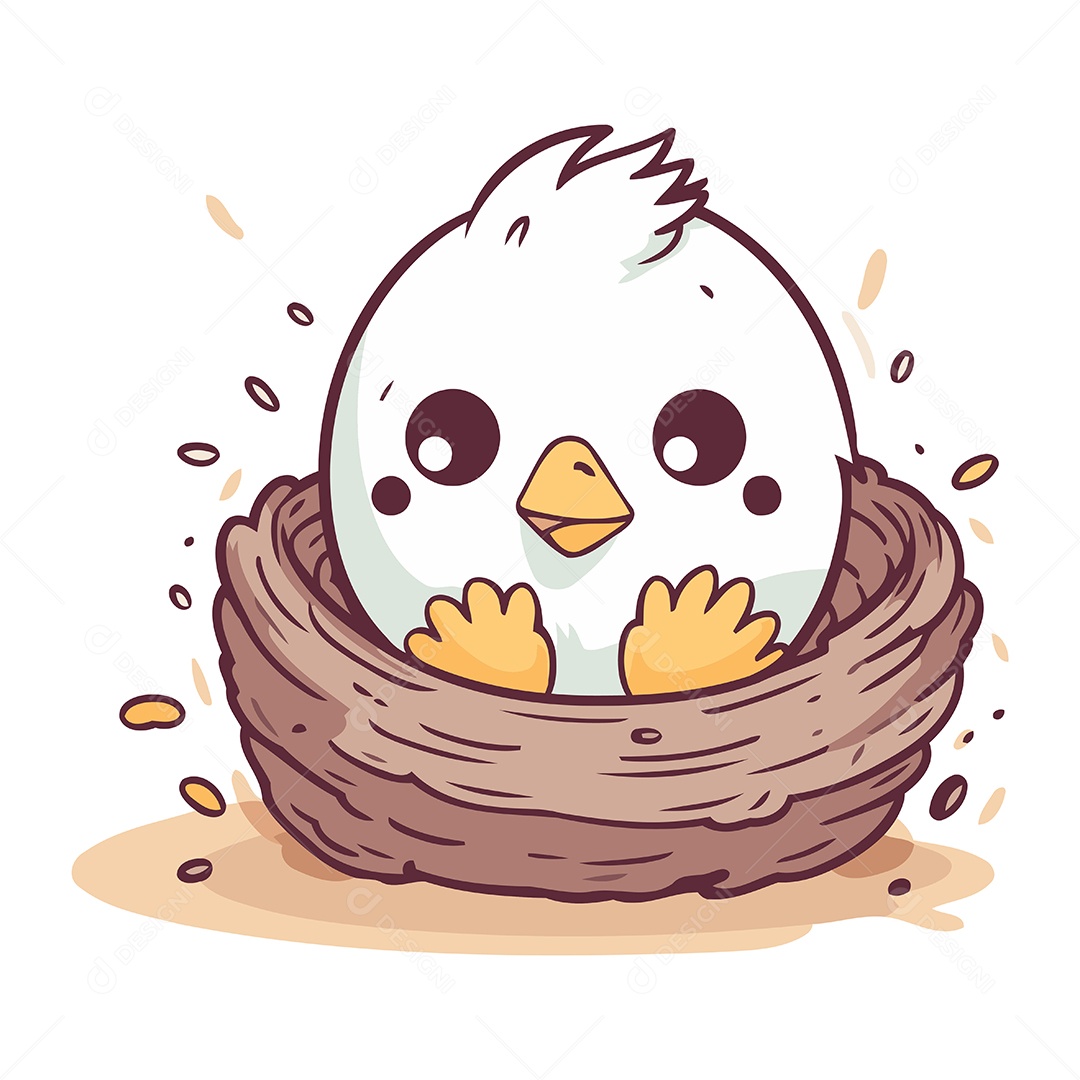 Pintinho Fofo no Ninho de Desenho Animado Ilustração Vetor EPS