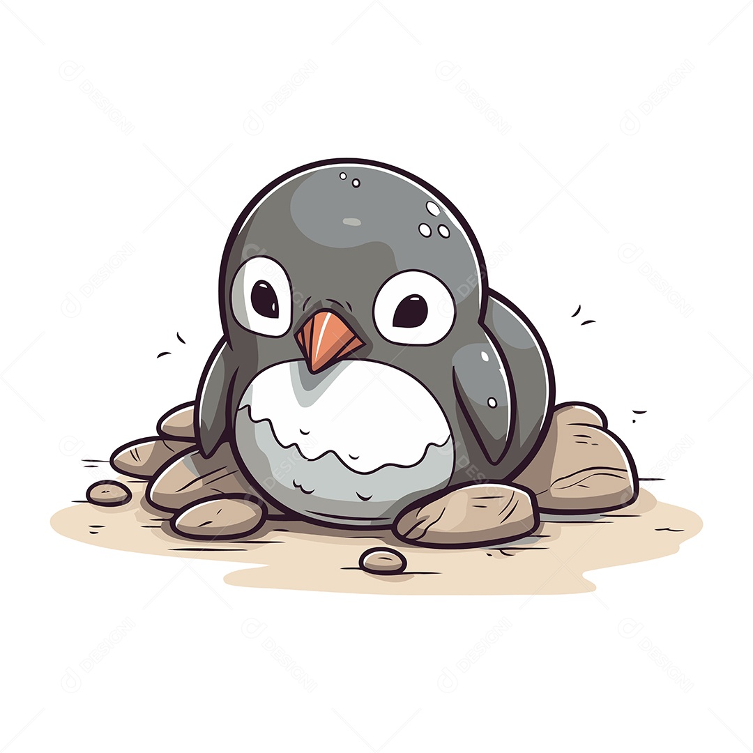 Pinguim Fofo Sentado na Rocha Ilustração Vetor EPS