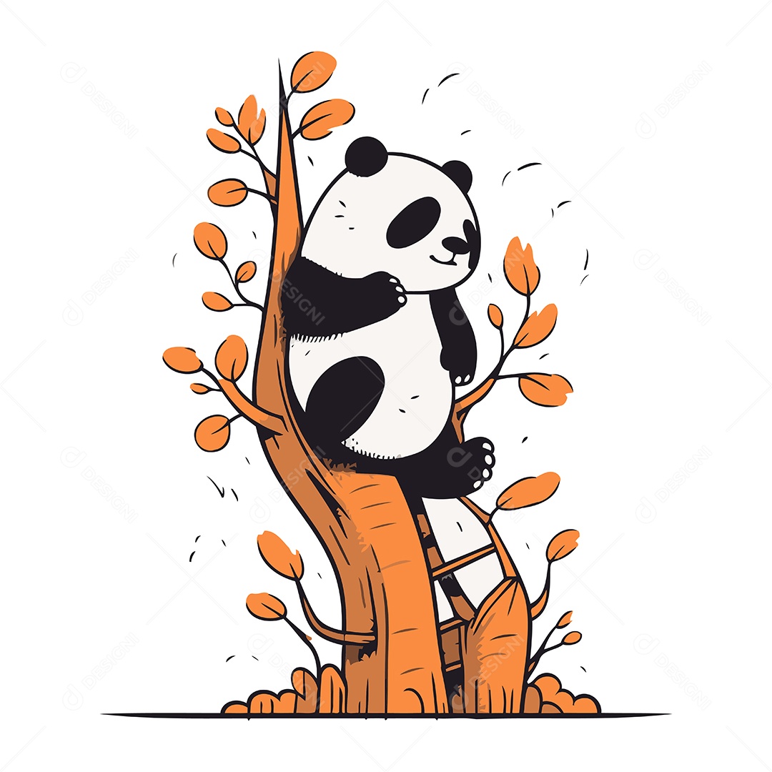 Panda Fofo Sentado na Árvore Ilustração Vetor EPS