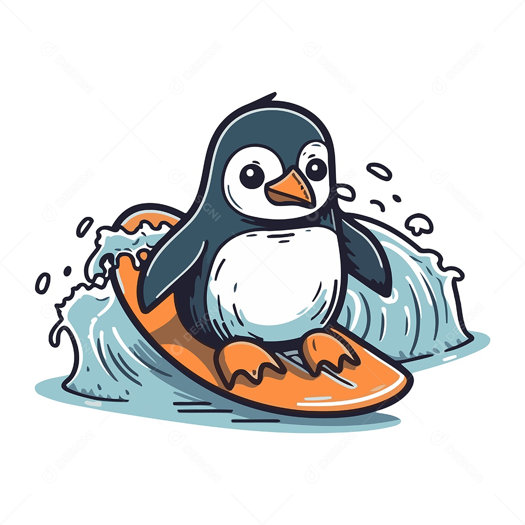 Pinguim Surfando em uma Prancha de Surfe Ilustração Vetor EPS
