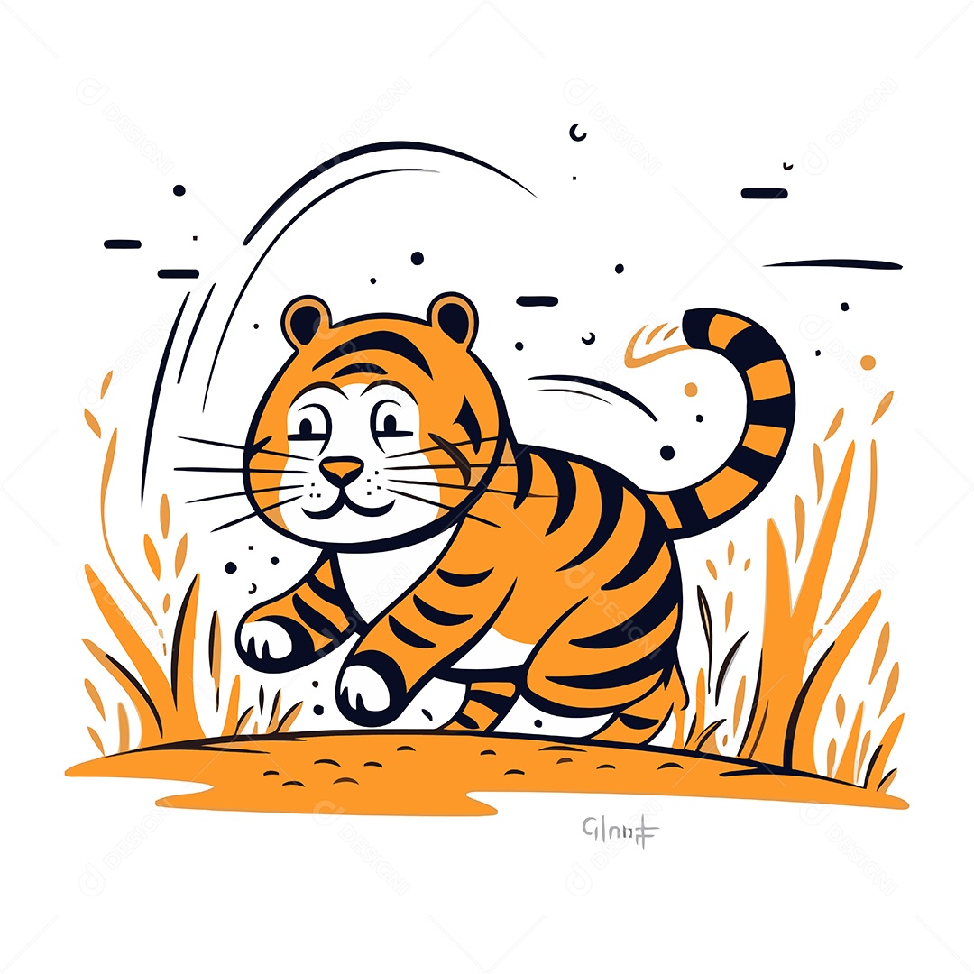 Tigre Correndo no Campo de Desenho Animado Ilustração Vetor EPS