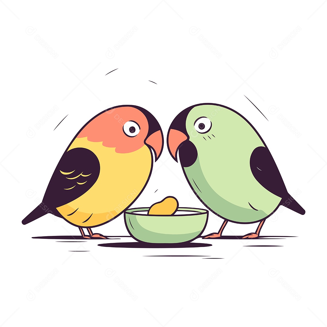 Papagaios Fofo Comendo Comida de uma Tigela Ilustração Vetor EPS