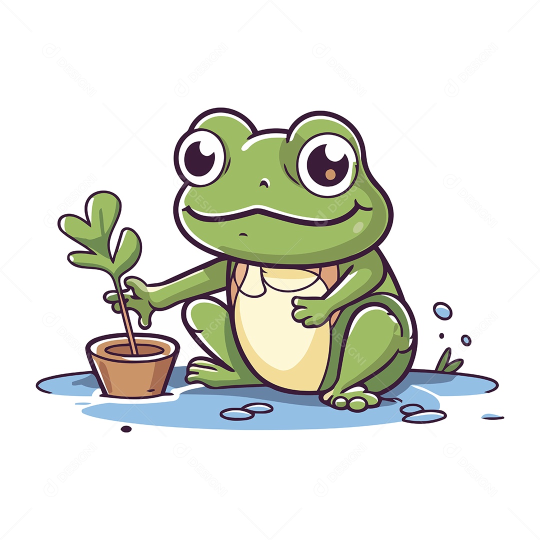 Sapo de Desenho Animado com Flor em Vaso Ilustração Vetor EPS