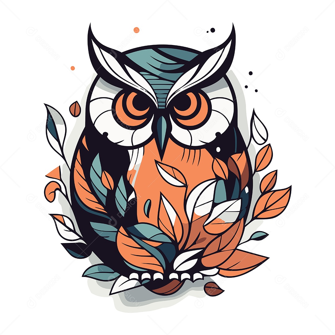 Coruja de Desenho Animado com Folhas Ilustração Vetor EPS