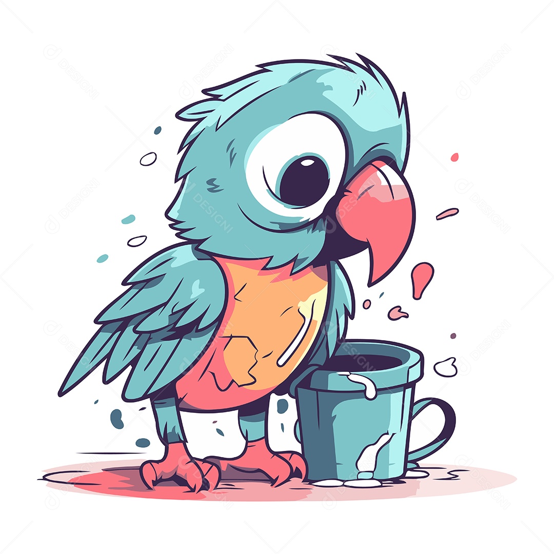Papagaio Fofo com uma Xícara Ilustração Vetor EPS