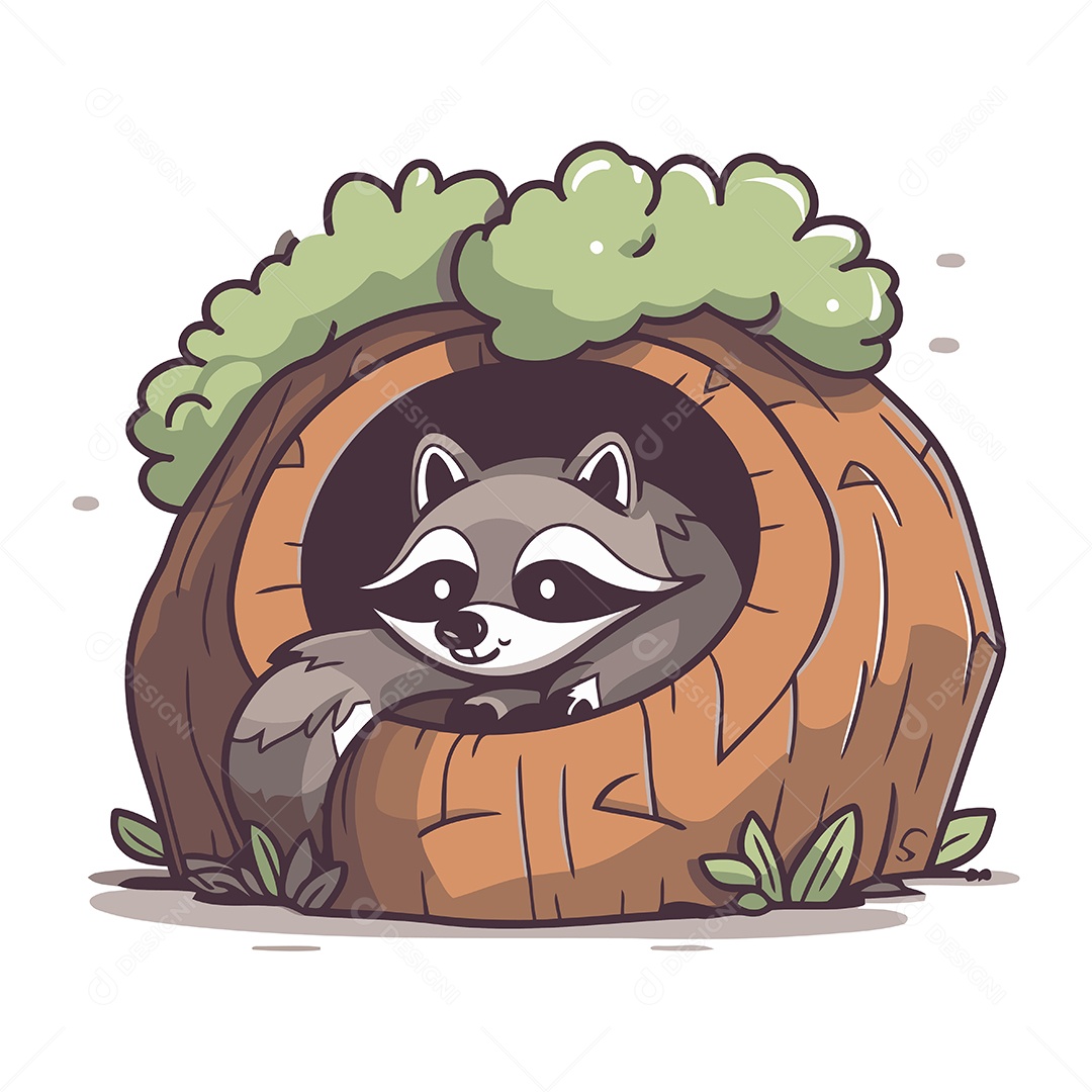 Guaxinim Fofo em uma Casa de Madeira Ilustração Vetor EPS