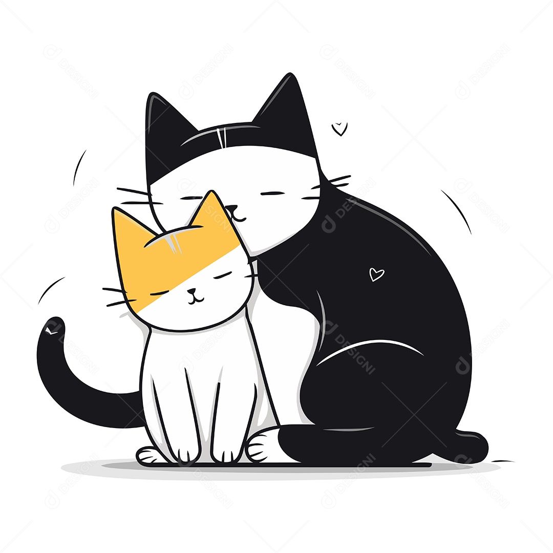 Gato Fofo Preto e Branco com Coroa Amarela Ilustração Vetor EPS