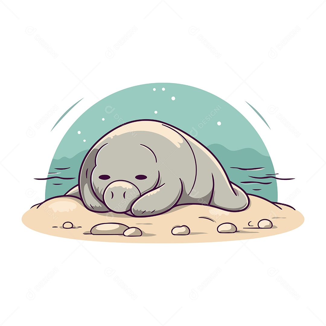 Foca Fofa Dormindo na Areia de Desenho Animado Ilustração Vetor EPS