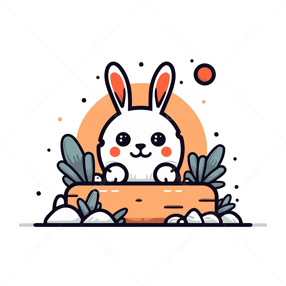 Coelho Fofo no Jardim de Desenho Animado Ilustração Vetor EPS